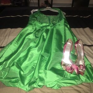 Satin green halter top dress and size 10 shoes